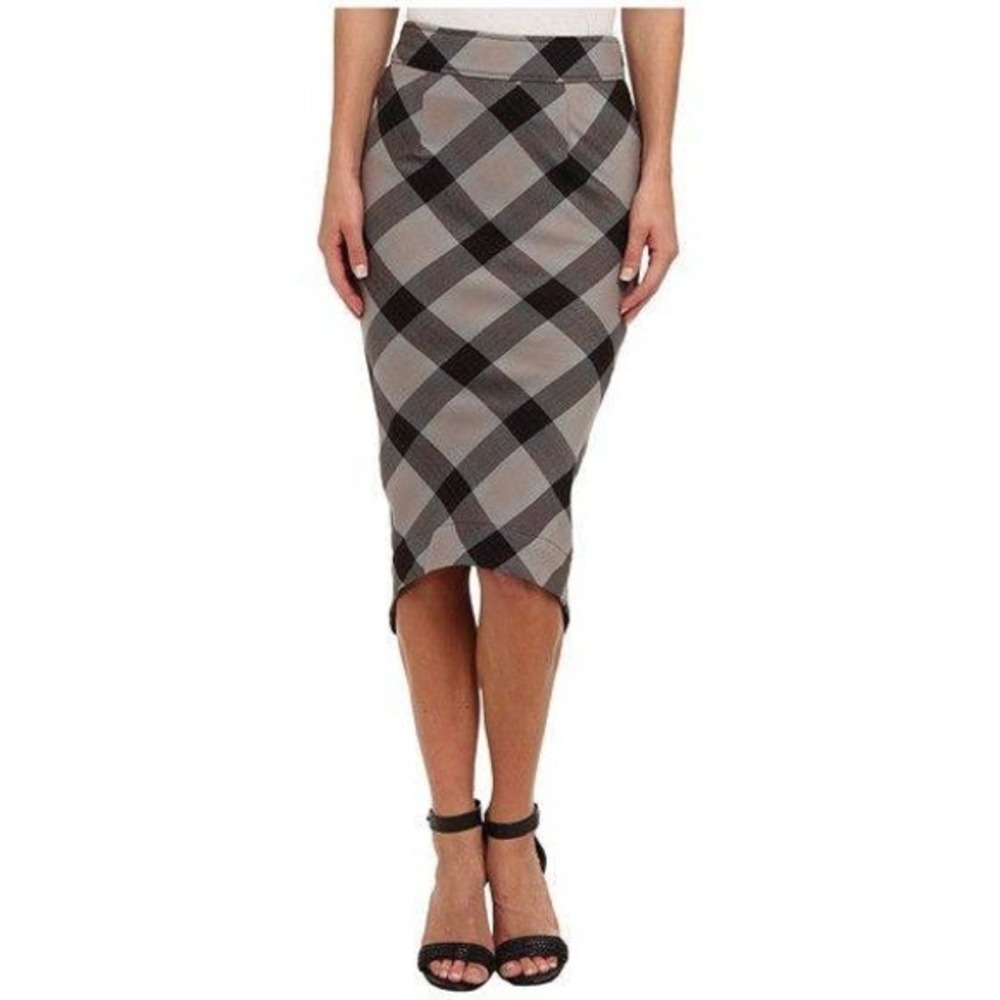 Free People Plaid Pencil Skirt Asymmetric Hem Career Casual Size 12
